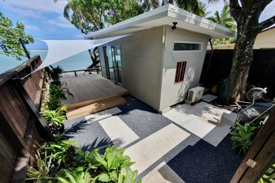 exterior of Tiny House, a recently built modern renovated shipping container